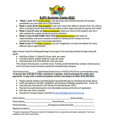 2022 Summer Camp Registration form